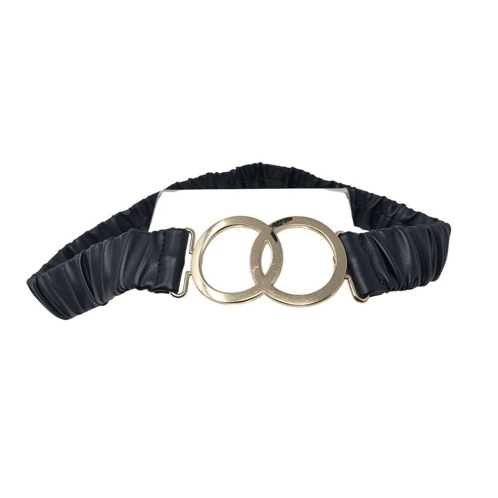 Womens Ruched Gathered Vegan Faux Leather Stretch Belt Sz XL‎ Black Gold Buckle